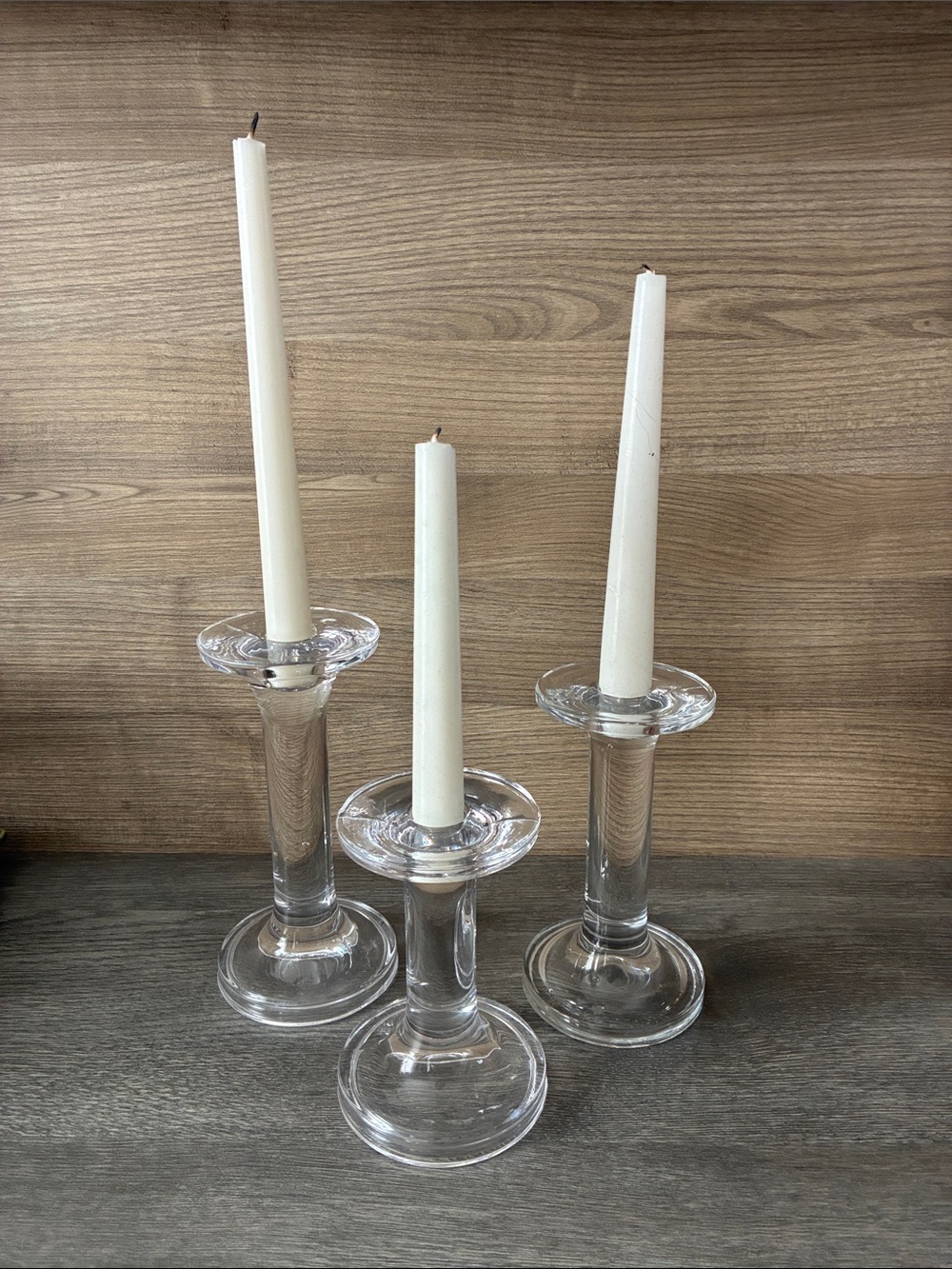 Vintage Clear Glass Candlestick Set of 3, Mid Century Modern Decor
